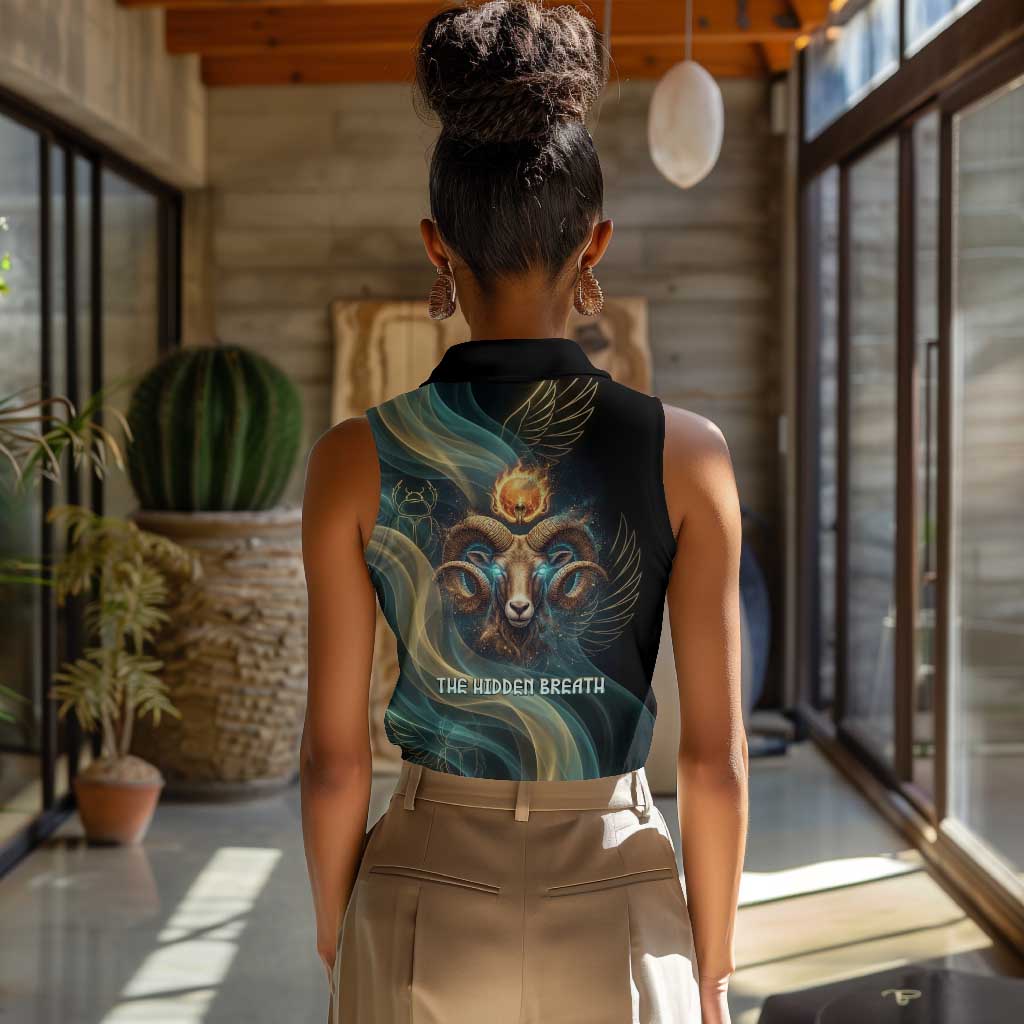 Amun Ancient Egyptian Women Sleeveless Polo Shirt with Mystical Smoke Swirl Pattern, Fiery Ram Head, and Hieroglyphic - African Pride