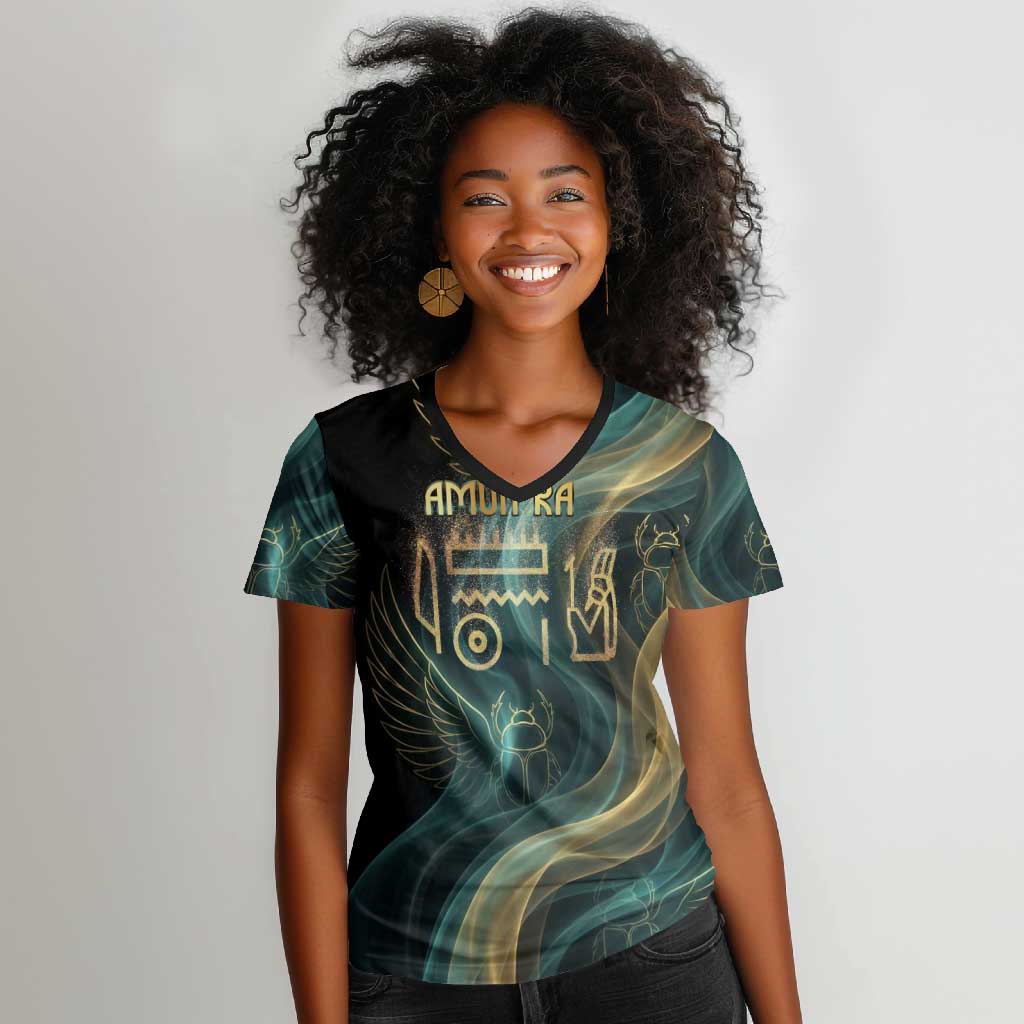 Amun Ancient Egyptian Women V-Neck T-Shirt with Mystical Smoke Swirl Pattern, Fiery Ram Head, and Hieroglyphic - African Pride
