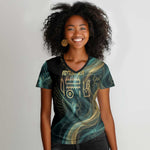 Amun Ancient Egyptian Women V-Neck T-Shirt with Mystical Smoke Swirl Pattern, Fiery Ram Head, and Hieroglyphic - African Pride