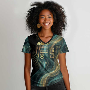 Amun Ancient Egyptian Women V-Neck T-Shirt with Mystical Smoke Swirl Pattern, Fiery Ram Head, and Hieroglyphic - African Pride