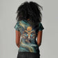 Amun Ancient Egyptian Women V-Neck T-Shirt with Mystical Smoke Swirl Pattern, Fiery Ram Head, and Hieroglyphic - African Pride