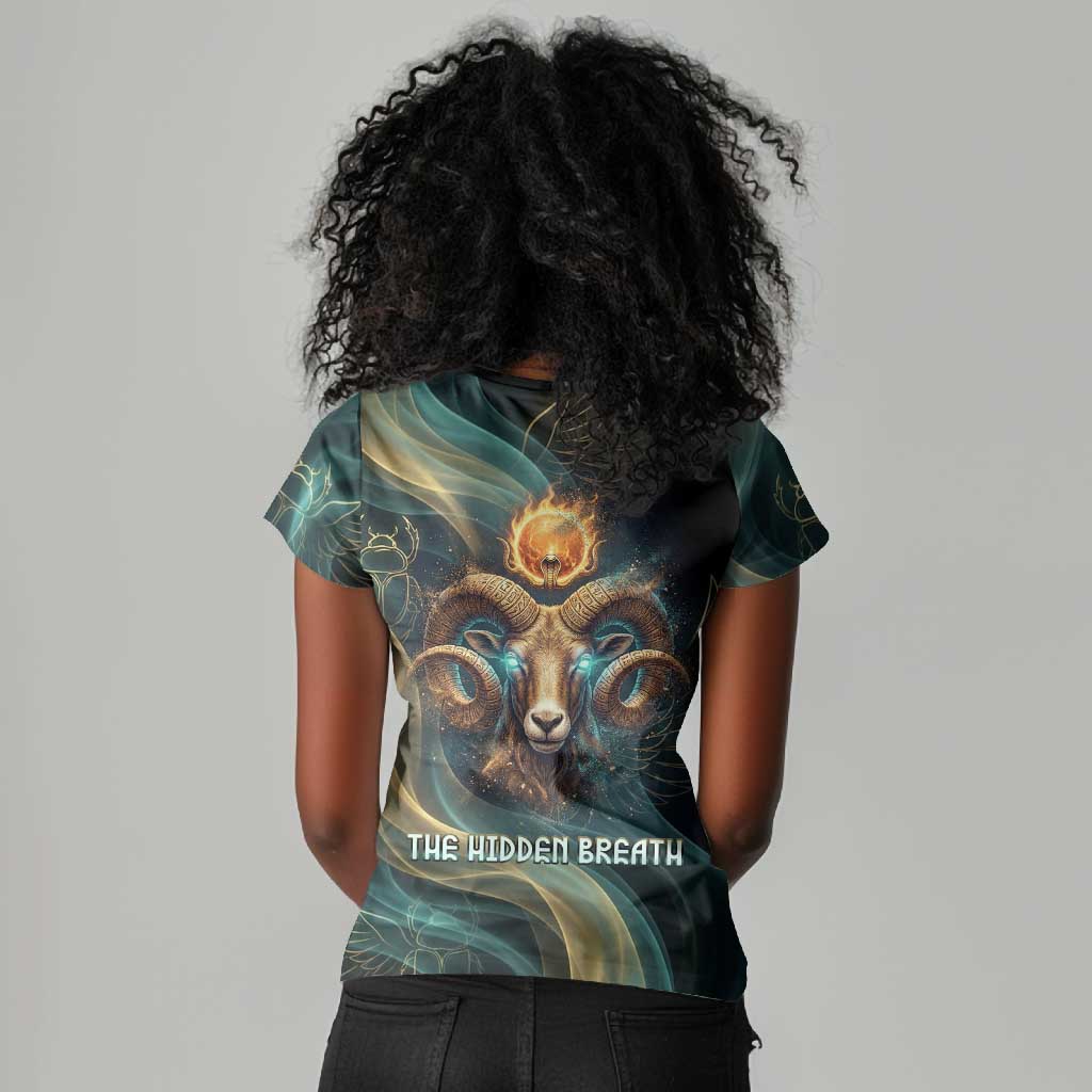 Amun Ancient Egyptian Women V-Neck T-Shirt with Mystical Smoke Swirl Pattern, Fiery Ram Head, and Hieroglyphic - African Pride