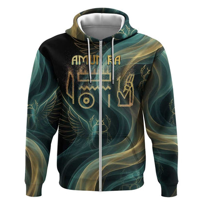 Amun Ancient Egyptian Zip Hoodie with Mystical Smoke Swirl Pattern, Fiery Ram Head, and Hieroglyphic - African Pride
