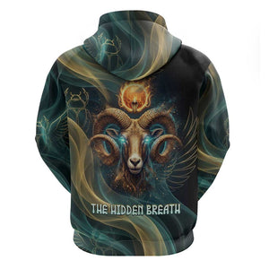 Amun Ancient Egyptian Zip Hoodie with Mystical Smoke Swirl Pattern, Fiery Ram Head, and Hieroglyphic - African Pride