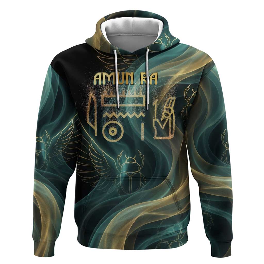 Amun Ancient Egyptian Zip Hoodie with Mystical Smoke Swirl Pattern, Fiery Ram Head, and Hieroglyphic - African Pride