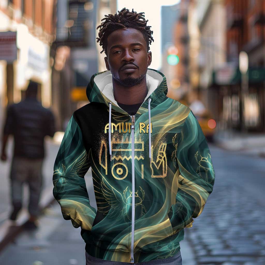 Amun Ancient Egyptian Zip Hoodie with Mystical Smoke Swirl Pattern, Fiery Ram Head, and Hieroglyphic - African Pride