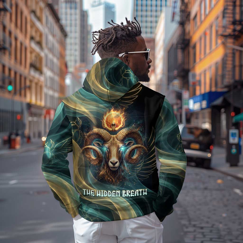 Amun Ancient Egyptian Zip Hoodie with Mystical Smoke Swirl Pattern, Fiery Ram Head, and Hieroglyphic - African Pride