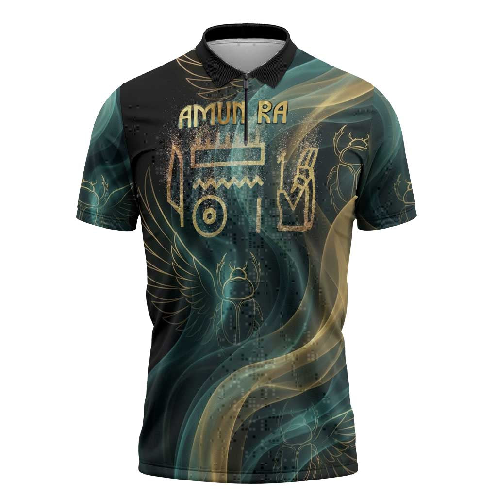 Amun Ancient Egyptian Zipper Polo Shirt with Mystical Smoke Swirl Pattern, Fiery Ram Head, and Hieroglyphic - African Pride