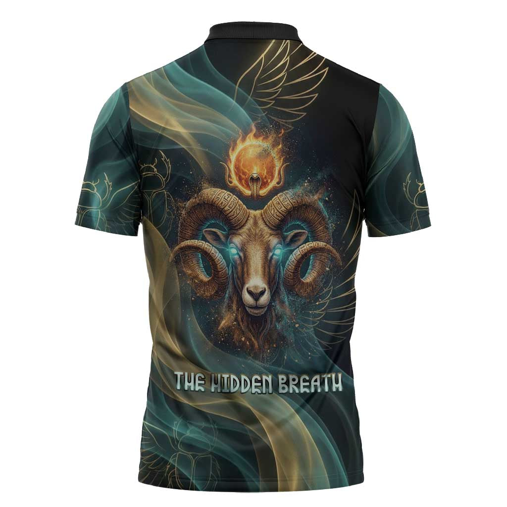Amun Ancient Egyptian Zipper Polo Shirt with Mystical Smoke Swirl Pattern, Fiery Ram Head, and Hieroglyphic - African Pride
