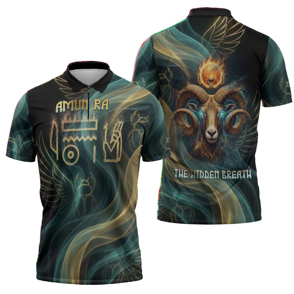 Amun Ancient Egyptian Zipper Polo Shirt with Mystical Smoke Swirl Pattern, Fiery Ram Head, and Hieroglyphic - African Pride