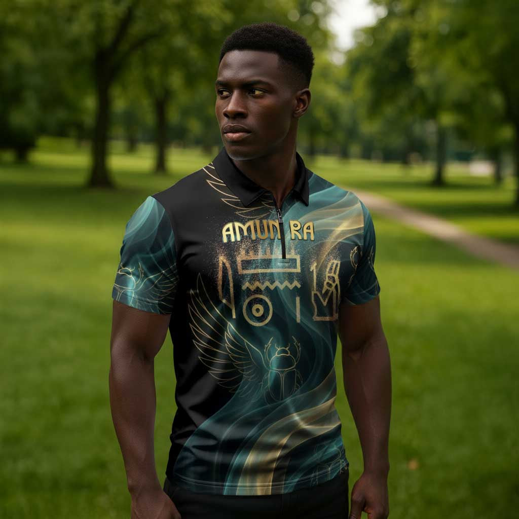 Amun Ancient Egyptian Zipper Polo Shirt with Mystical Smoke Swirl Pattern, Fiery Ram Head, and Hieroglyphic - African Pride
