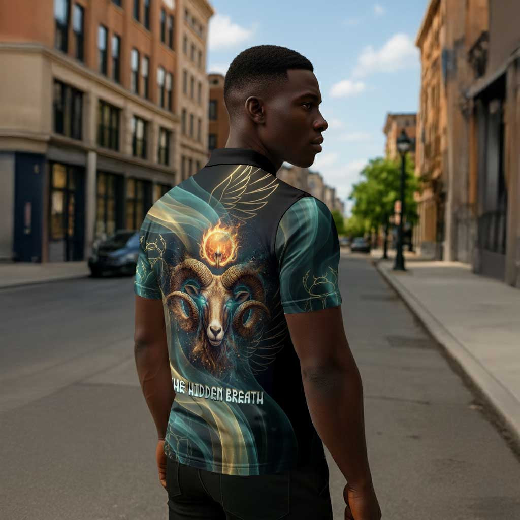 Amun Ancient Egyptian Zipper Polo Shirt with Mystical Smoke Swirl Pattern, Fiery Ram Head, and Hieroglyphic - African Pride
