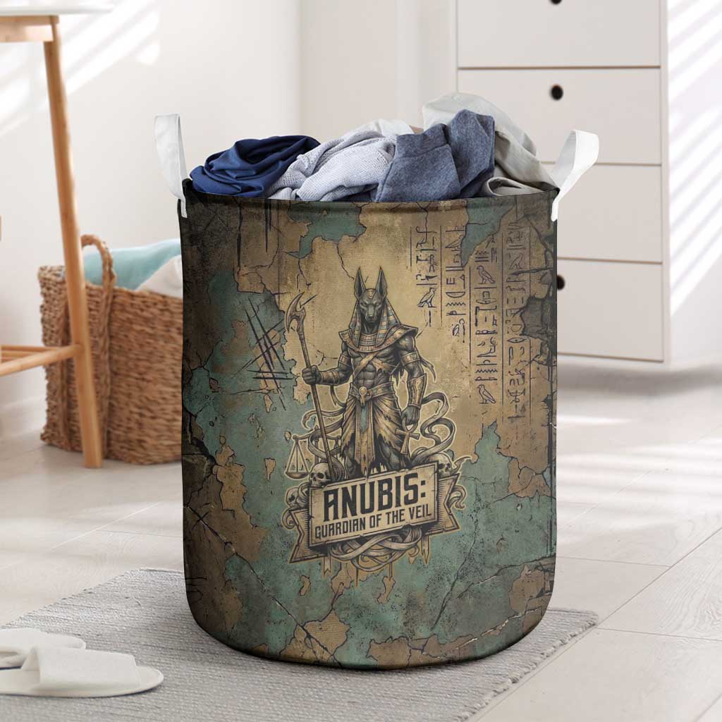 Anubis Laundry Basket Ancient Egyptian Aged Papyrus, Scales of Justice, and Egyptian Hieroglyph - African Pride