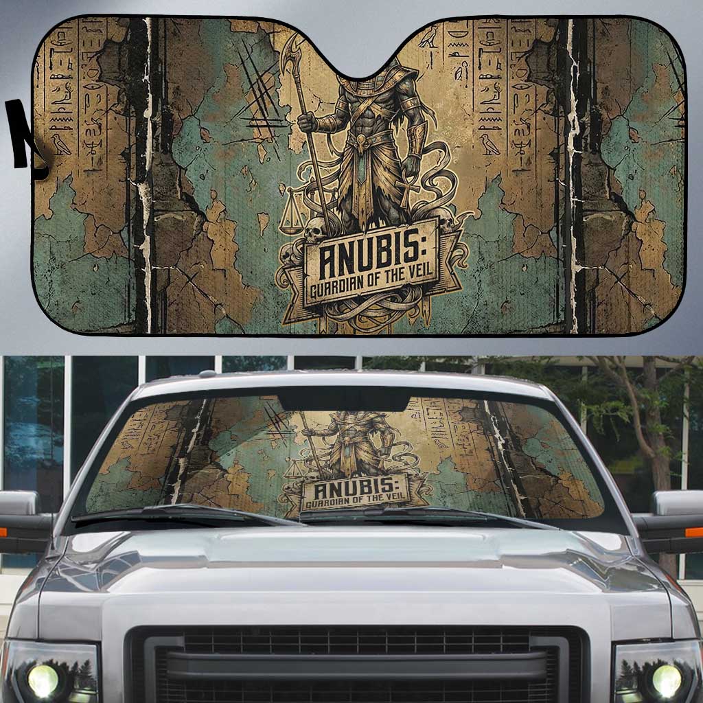 Anubis Auto Sun Shade Ancient Egyptian Aged Papyrus, Scales of Justice, and Egyptian Hieroglyph - African Pride