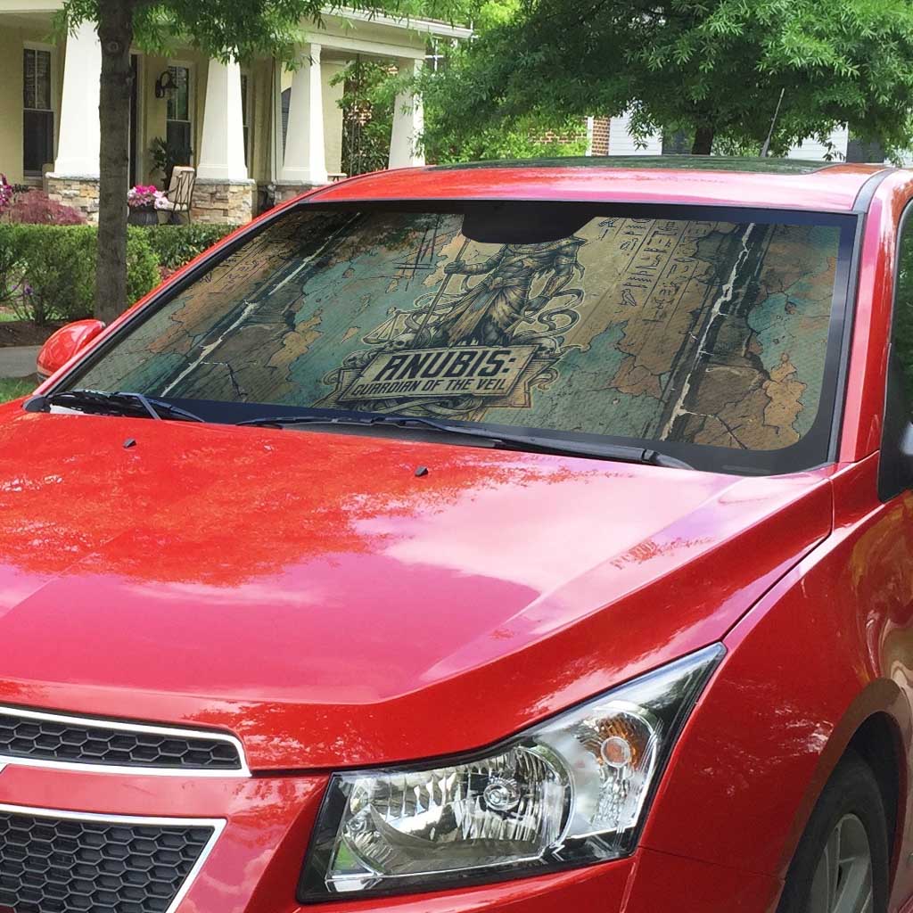 Anubis Auto Sun Shade Ancient Egyptian Aged Papyrus, Scales of Justice, and Egyptian Hieroglyph - African Pride