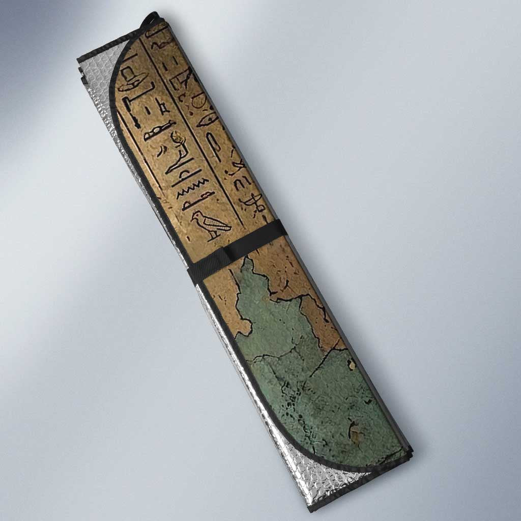 Anubis Auto Sun Shade Ancient Egyptian Aged Papyrus, Scales of Justice, and Egyptian Hieroglyph - African Pride
