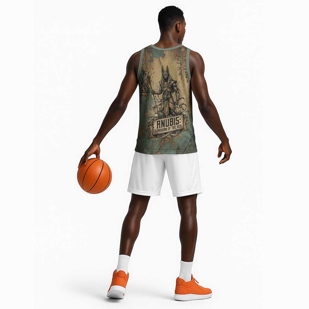 Anubis Basketball Jersey Ancient Egyptian Aged Papyrus, Scales of Justice, and Egyptian Hieroglyph - African Pride