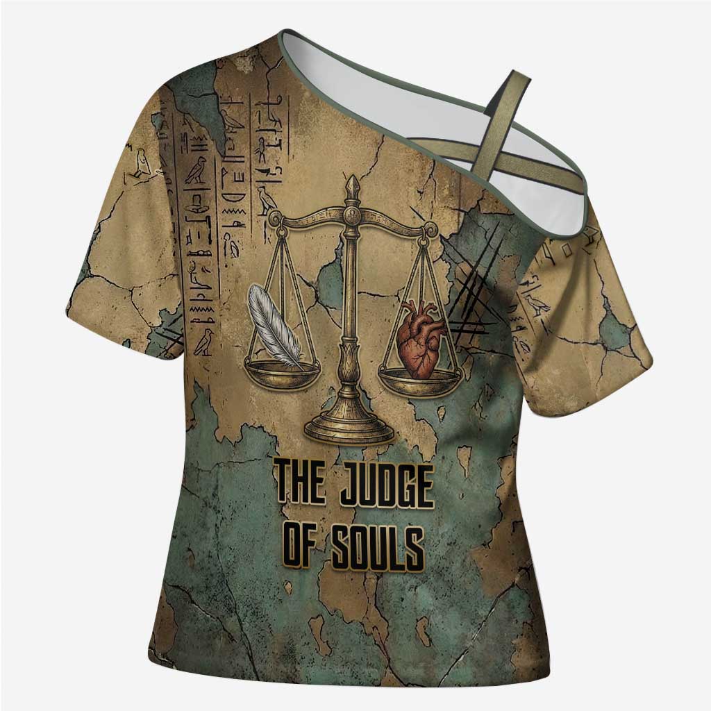 Anubis Cross Shoulder Shirt Ancient Egyptian Aged Papyrus, Scales of Justice, and Egyptian Hieroglyph - African Pride
