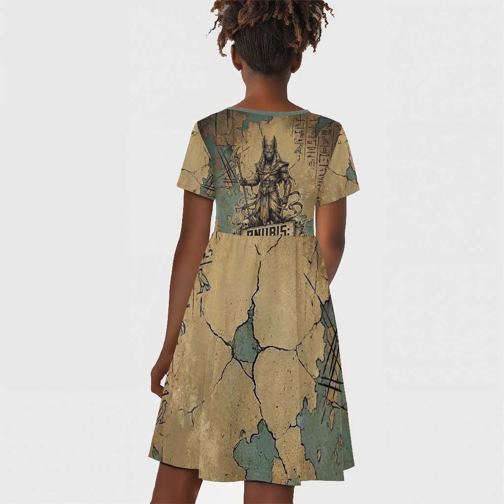 Anubis Kid Short Sleeve Dress Ancient Egyptian Aged Papyrus, Scales of Justice, and Egyptian Hieroglyph - African Pride