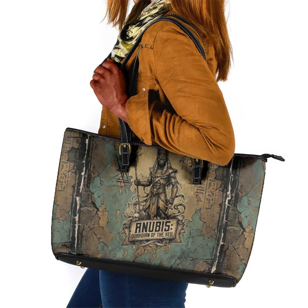 Anubis Leather Tote Bag Ancient Egyptian Aged Papyrus, Scales of Justice, and Egyptian Hieroglyph - African Pride