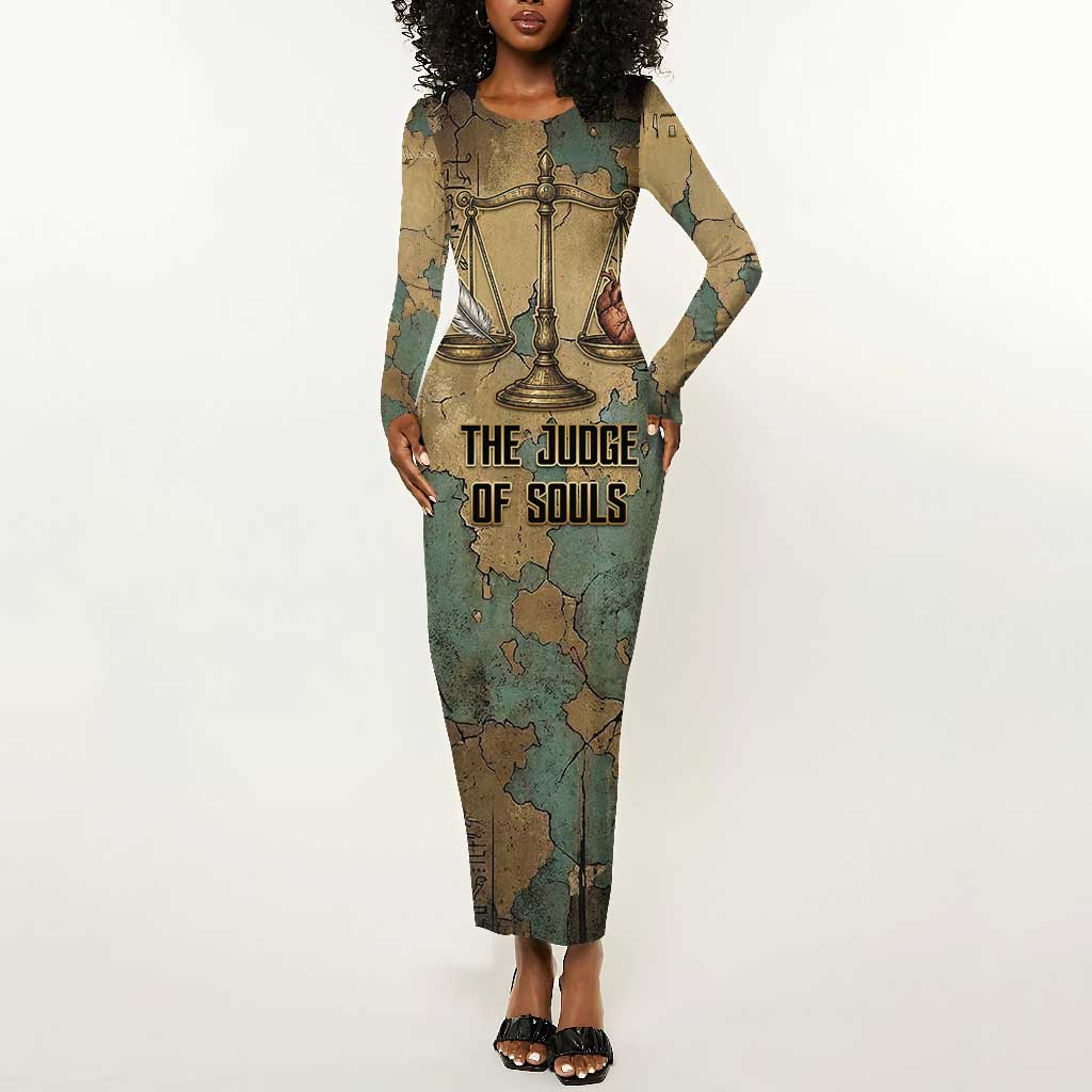 Anubis Long Sleeve Bodycon Dress Ancient Egyptian Aged Papyrus, Scales of Justice, and Egyptian Hieroglyph - African Pride