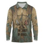 Anubis Long Sleeve Polo Shirt Ancient Egyptian Aged Papyrus, Scales of Justice, and Egyptian Hieroglyph - African Pride
