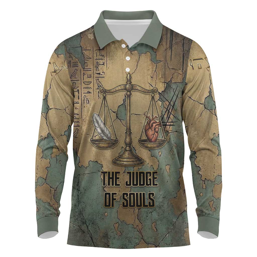 Anubis Long Sleeve Polo Shirt Ancient Egyptian Aged Papyrus, Scales of Justice, and Egyptian Hieroglyph - African Pride