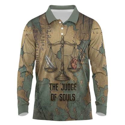 Anubis Long Sleeve Polo Shirt Ancient Egyptian Aged Papyrus, Scales of Justice, and Egyptian Hieroglyph - African Pride