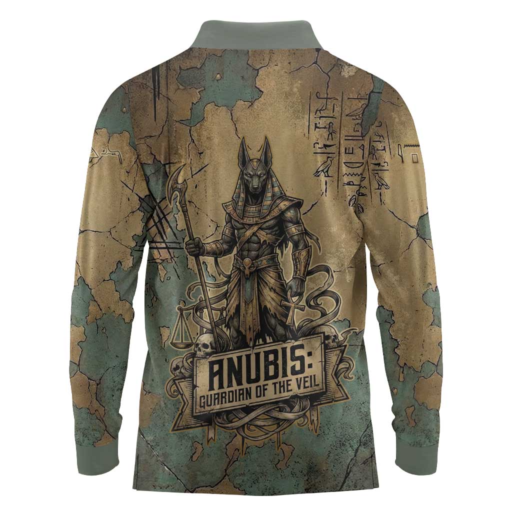 Anubis Long Sleeve Polo Shirt Ancient Egyptian Aged Papyrus, Scales of Justice, and Egyptian Hieroglyph - African Pride