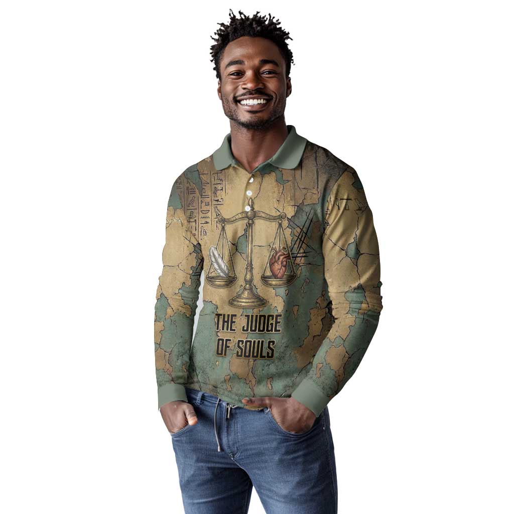 Anubis Long Sleeve Polo Shirt Ancient Egyptian Aged Papyrus, Scales of Justice, and Egyptian Hieroglyph - African Pride