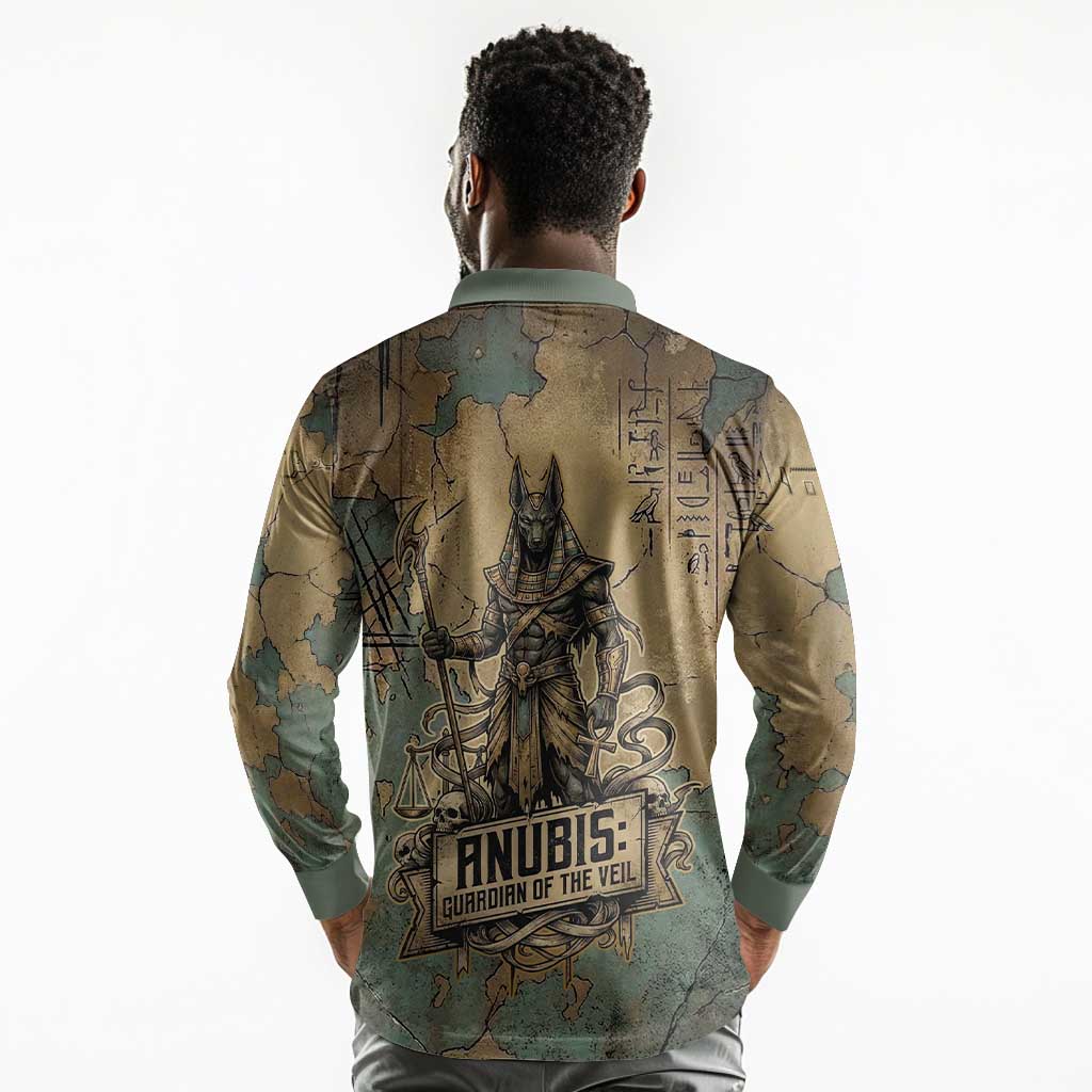 Anubis Long Sleeve Polo Shirt Ancient Egyptian Aged Papyrus, Scales of Justice, and Egyptian Hieroglyph - African Pride