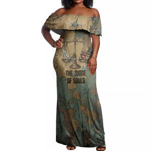 Anubis Off Shoulder Maxi Dress Ancient Egyptian Aged Papyrus, Scales of Justice, and Egyptian Hieroglyph - African Pride