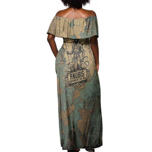Anubis Off Shoulder Maxi Dress Ancient Egyptian Aged Papyrus, Scales of Justice, and Egyptian Hieroglyph - African Pride