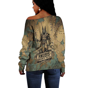 Anubis Off Shoulder Sweater Ancient Egyptian Aged Papyrus, Scales of Justice, and Egyptian Hieroglyph - African Pride