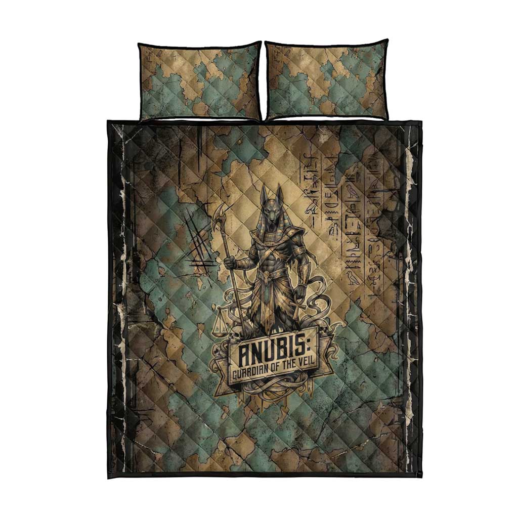Anubis Quilt Bed Set Ancient Egyptian Aged Papyrus, Scales of Justice, and Egyptian Hieroglyph - African Pride