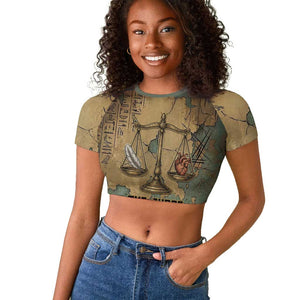 Anubis Raglan Cropped T shirt Ancient Egyptian Aged Papyrus, Scales of Justice, and Egyptian Hieroglyph - African Pride