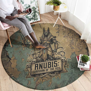 Anubis Round Carpet Ancient Egyptian Aged Papyrus, Scales of Justice, and Egyptian Hieroglyph - African Pride