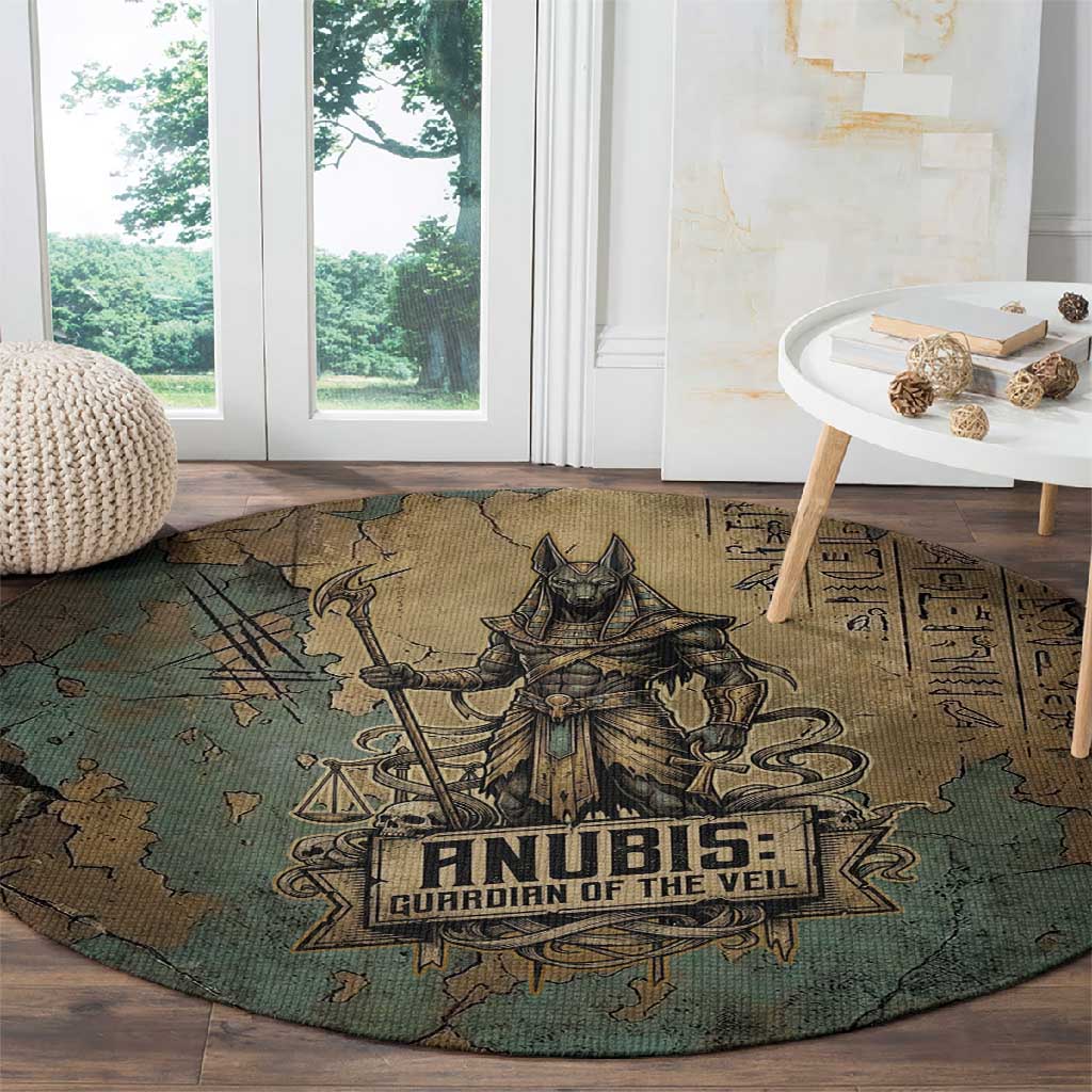 Anubis Round Carpet Ancient Egyptian Aged Papyrus, Scales of Justice, and Egyptian Hieroglyph - African Pride
