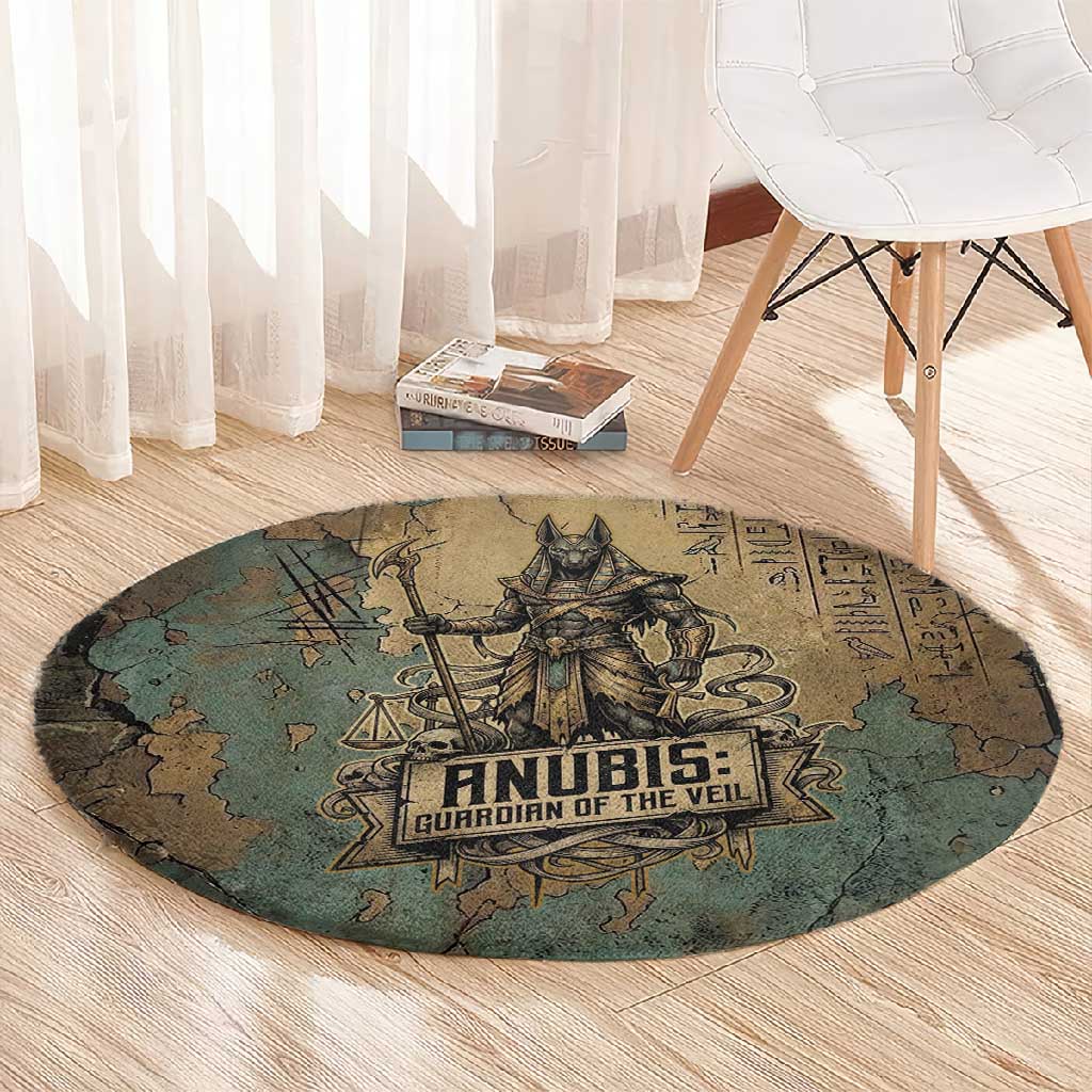 Anubis Round Carpet Ancient Egyptian Aged Papyrus, Scales of Justice, and Egyptian Hieroglyph - African Pride
