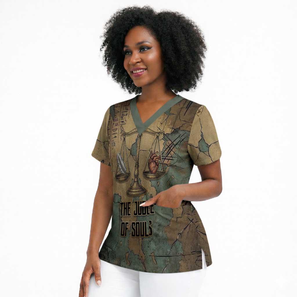 Anubis Scrub Top Ancient Egyptian Aged Papyrus, Scales of Justice, and Egyptian Hieroglyph - African Pride
