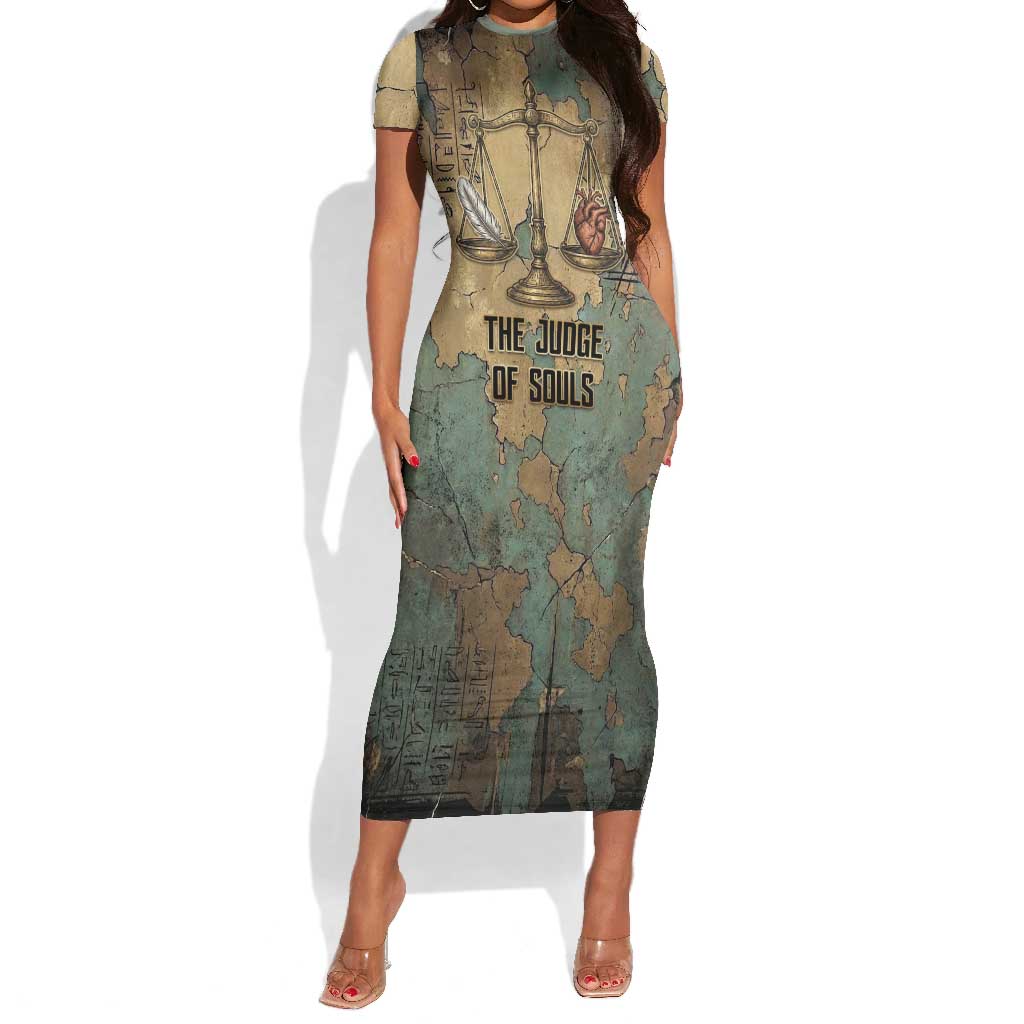 Anubis Short Sleeve Bodycon Dress Ancient Egyptian Aged Papyrus, Scales of Justice, and Egyptian Hieroglyph - African Pride