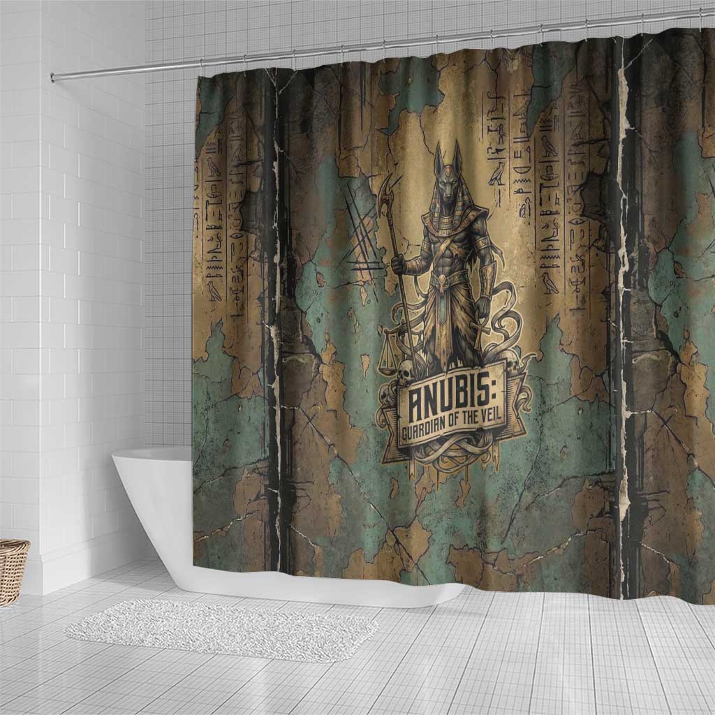 Anubis Shower Curtain Ancient Egyptian Aged Papyrus, Scales of Justice, and Egyptian Hieroglyph - African Pride