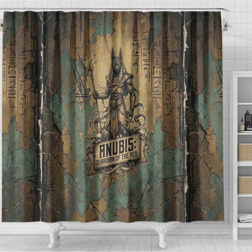 Anubis Shower Curtain Ancient Egyptian Aged Papyrus, Scales of Justice, and Egyptian Hieroglyph - African Pride