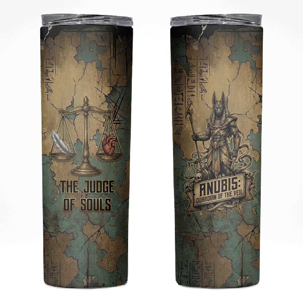 Anubis Skinny Tumbler Ancient Egyptian Aged Papyrus, Scales of Justice, and Egyptian Hieroglyph - African Pride