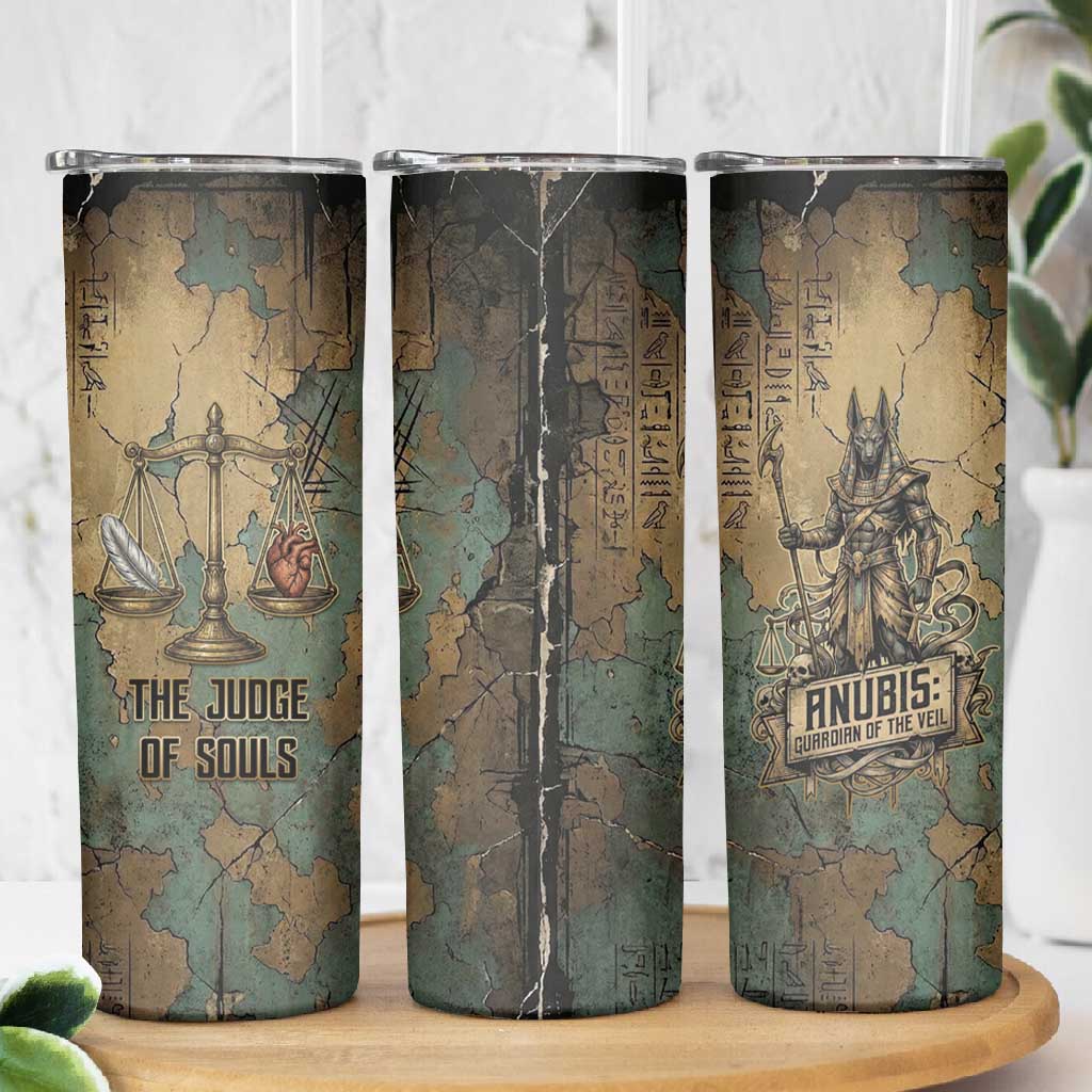 Anubis Skinny Tumbler Ancient Egyptian Aged Papyrus, Scales of Justice, and Egyptian Hieroglyph - African Pride