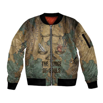 Anubis Sleeve Zip Bomber Jacket Ancient Egyptian Aged Papyrus, Scales of Justice, and Egyptian Hieroglyph - African Pride