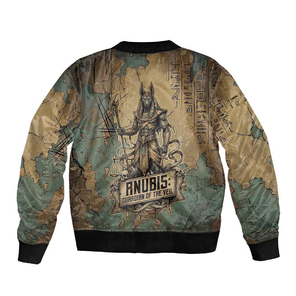 Anubis Sleeve Zip Bomber Jacket Ancient Egyptian Aged Papyrus, Scales of Justice, and Egyptian Hieroglyph - African Pride