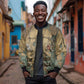 Anubis Sleeve Zip Bomber Jacket Ancient Egyptian Aged Papyrus, Scales of Justice, and Egyptian Hieroglyph - African Pride
