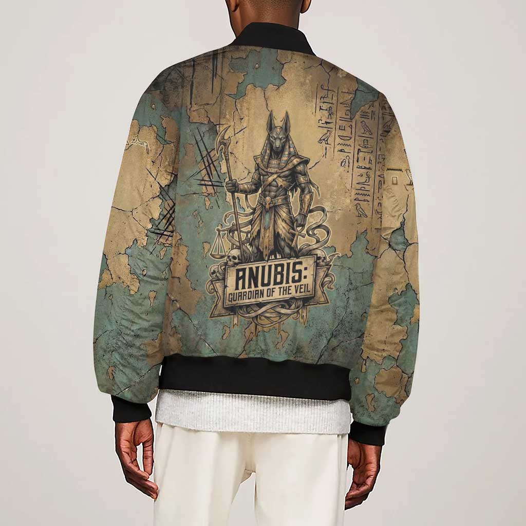 Anubis Sleeve Zip Bomber Jacket Ancient Egyptian Aged Papyrus, Scales of Justice, and Egyptian Hieroglyph - African Pride