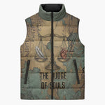 Anubis Sleeveless Puffer Jacket Ancient Egyptian Aged Papyrus, Scales of Justice, and Egyptian Hieroglyph - African Pride